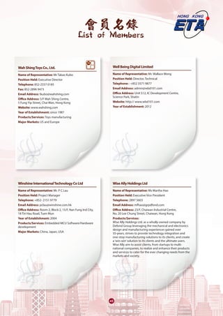 會員名錄
List of Members
45
WahShingToysCo.,Ltd.	
Name of Representative: Mr Takao Kubo
Position Held: Executive Director
Telephone: 852-2557 0185
Fax: 852-2896 9473
Email Address: tkubo@wahshing.com
Office Address: 5/F Wah Shing Centre,
5 Fung Yip Street, Chai Wan, Hong Kong
Website: www.wahshing.com
Year of Establishment: since 1987
Products/Services: Toys manufacturing
Major Markets: US and Europe
WinshineInternationalTechnologyCoLtd	
Name of Representative: Mr. P C Lau
Position Held: Project Manager
Telephone: +852- 2151 9779
Email Address: pclau@winshine.com.hk
Office Address: Room 2, Block 2, 15/F, Nan Fung Ind City,
18 Tin Hau Road, Tuen Mun
Year of Establishment: 2004
Products/Services: Embedded MCU Software/Hardware
development
Major Markets: China, Japan, USA
WellBeingDigitalLimited	
Name of Representative: Mr. Wallace Wong
Position Held: Director, Technical
Telephone: : +852 3571 9877
Email Address: admin@wbd101.com
Office Address: Unit 512, IC Development Centre,
Science Park, Shatin
Website: http:// www.wbd101.com
Year of Establishment: 2012
WiseAllyHoldingsLtd
Name of Representative: Ms Martha Hao
Position Held: Executive Vice President
Telephone: 2897 5603
Email Address: mfhao@grpdfond.com
Office Address: 23/F, Chaiwan Industrial Centre,
No. 20 Lee Chung Street, Chaiwan, Hong Kong
Products/Services:
Wise Ally Holdings Ltd. as a wholly-owned company by
Defond Group leveraging the mechanical and electronics
design and manufacturing experiences gained over
35-years, strives to provide technology integration and
one-stop manufacturing solutions to its clients, and create
a‘win-win’solution to its clients and the ultimate users.
Wise Ally aim to assist clients, from startups to multi-
national companies, to realize and enhance their products
and services to cater for the ever changing needs from the
markets and society.
	
 