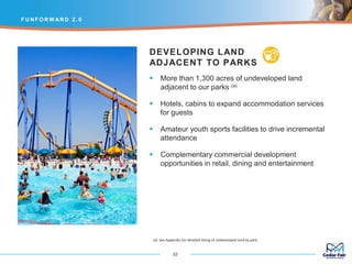 DEVELOPING LAND
ADJACENT TO PARKS
 More than 1,300 acres of undeveloped land
adjacent to our parks (a)
 Hotels, cabins to expand accommodation services
for guests
 Amateur youth sports facilities to drive incremental
attendance
 Complementary commercial development
opportunities in retail, dining and entertainment
F U N F O R W AR D 2 . 0
22
(a) See Appendix for detailed listing of undeveloped land by park.
 
