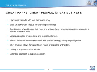 GREAT PARKS, GREAT PEOPLE, GREAT BUSINESS
T H E F U N C O N T I N U E S
29
 High-quality assets with high barriers to entry
 Well-run parks with a focus on operating excellence
 Combination of world-class thrill rides and unique, family-oriented attractions appeal to a
diverse customer base
 Value proposition creates loyal and repeat customers
 Stable, recession-resistant business with proven strategy driving organic growth
 MLP structure allows for tax-efficient return of capital to unitholders
 History of impressive total returns
 Balanced approach to capital allocation
 