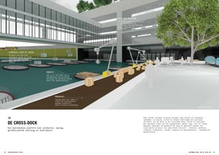 ROBOATS
AMS i.s.m. MIT werkt aan de
ontwikkeling van het eerste
prototype van autonoom varende
boten voor goederenvervoer.
DYNAMISCH LADEN EN LOSSEN
Op basis van real-time
informatie worden de slimme
containers gedistribueerd via de
meest optimale route in het
netwerk.
CARGO BIKES EN BULLETS
kleine en frequente ladingen in
klein en schoon vervoer.
ROBODOCKS
lopende band voor laden en
lossen met geïntegreerde
package-scanning en
object-tracking technologie.
CROSS-DOCK BUILDING
Multitenant gebouw geïntegreerd
in het infranetwerk en
functioneert als platform voor
opslag, handeling en
distributie.
Field Factors
Field Factors
Hier worden stromen in grote volumes naar kleine en frequente
ladingen, in kleine, stille en schone voertuigen de Last-mile
vervoerd. Als de bulk in de Cross-Dock komt, wordt in real-time
een optimale route van de stadsnetwerk (water, weg, rail of lucht)
bepaald, waardoor de goederen de stad in gebracht worden. De
route wordt op basis van specifieke factoren - afstand, snelheid,
tijdstip, frequentie, volume, urgentie en waarde/kosten - automatisch
geselecteerd.
DE CROSS-DOCK
1A
Een multimodale platform voor productie, opslag,
gerobotiseerde overslag en distributie.
STADSLOGISTIEK OP MAAT44 45AMSTERDAM 2050: VAN XXL NAAR XXS
 