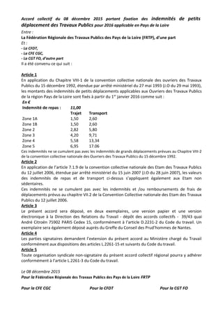 Accord collectif du 08 décembre 2015 portant fixation des indemnités de petits
déplacement des Travaux Publics pour 2016 applicable en Pays de la Loire
Entre :
La Fédération Régionale des Travaux Publics des Pays de la Loire (FRTP), d’une part
Et :
- La CFDT,
- La CFE CGC,
- La CGT FO, d’autre part
Il a été convenu ce qui suit :
Article 1
En application du Chapitre VIII-1 de la convention collective nationale des ouvriers des Travaux
Publics du 15 décembre 1992, étendue par arrêté ministériel du 27 mai 1993 (J.O du 29 mai 1993),
les montants des indemnités de petits déplacements applicables aux Ouvriers des Travaux Publics
de la région Pays de la Loire sont fixés à partir du 1er
janvier 2016 comme suit :
En €
Indemnité de repas : 11,00
Trajet Transport
Zone 1A 1,50 2,60
Zone 1B 1,50 2,60
Zone 2 2,82 5,80
Zone 3 4,20 9,71
Zone 4 5,58 13,34
Zone 5 6,95 17.06
Ces indemnités ne se cumulent pas avec les indemnités de grands déplacements prévues au Chapitre VIII-2
de la convention collective nationale des Ouvriers des Travaux Publics du 15 décembre 1992.
Article 2
En application de l’article 7.1.9 de la convention collective nationale des Etam des Travaux Publics
du 12 juillet 2006, étendue par arrêté ministériel du 15 juin 2007 (J.O du 28 juin 2007), les valeurs
des indemnités de repas et de transport ci-dessus s’appliquent également aux Etam non
sédentaires.
Ces indemnités ne se cumulent pas avec les indemnités et /ou remboursements de frais de
déplacements prévus au chapitre VII.2 de la Convention Collective nationale des Etam des Travaux
Publics du 12 juillet 2006.
Article 3
Le présent accord sera déposé, en deux exemplaires, une version papier et une version
électronique à la Direction des Relations du Travail - dépôt des accords collectifs - 39/43 quai
André Citroën 75902 PARIS Cedex 15, conformément à l’article D.2231-2 du Code du travail. Un
exemplaire sera également déposé auprès du Greffe du Conseil des Prud’hommes de Nantes.
Article 4
Les parties signataires demandent l’extension du présent accord au Ministère chargé du Travail
conformément aux dispositions des articles L.2261-15 et suivants du Code du travail.
Article 5
Toute organisation syndicale non-signataire du présent accord collectif régional pourra y adhérer
conformément à l’article L.2261-3 du Code du travail.
Le 08 décembre 2015
Pour la Fédération Régionale des Travaux Publics des Pays de la Loire FRTP
Pour la CFE CGC Pour la CFDT Pour la CGT FO
 