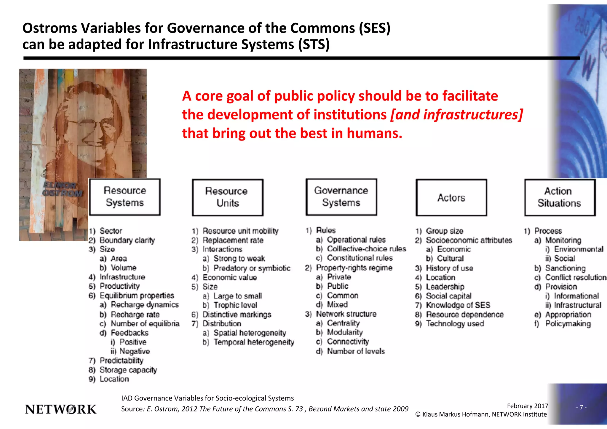- 7 -
010630NNC-00019
February 2017
© Klaus Markus Hofmann, NETWORK Institute
Ostroms Variables for Governance of the Commons (SES)
can be adapted for Infrastructure Systems (STS)
IAD Governance Variables for Socio-ecological Systems
Source: E. Ostrom, 2012 The Future of the Commons S. 73 , Bezond Markets and state 2009
A core goal of public policy should be to facilitate
the development of institutions [and infrastructures]
that bring out the best in humans.
 