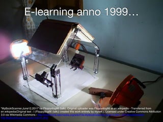 E-learning anno 1999…
"MyBookScanner,June12,2011" by Floppydog66 (talk). Original uploader was Floppydog66 at en.wikipedia - Transferred from
en.wikipedia(Original text : I (Floppydog66 (talk)) created this work entirely by myself.). Licensed under Creative Commons Attribution
3.0 via Wikimedia Commons - http://commons.wikimedia.org/wiki/File:MyBookScanner,June12,2011.JPG#mediaviewer/
File:MyBookScanner,June12,2011.JPG
 