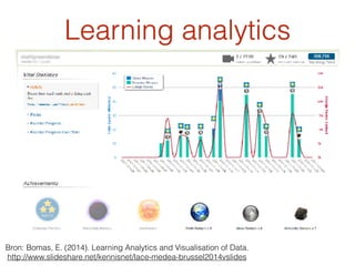 Foto: Biljuska1
Learning analytics
Bron: Bomas, E. (2014). Learning Analytics and Visualisation of Data.
http://www.slideshare.net/kennisnet/lace-medea-brussel2014vslides
 