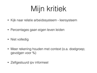 Mijn kritiek
• Kijk naar relatie arbeidssysteem - leersysteem
• Percentages gaan eigen leven leiden
• Niet volledig
• Meer rekening houden met context (o.a. doelgroep;
gevolgen voor %)
• Zelfgestuurd ipv informeel
 