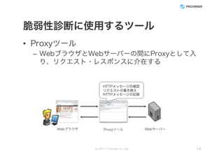 脆弱性診断に使用するツール
• Proxyツール
– WebブラウザとWebサーバーの間にProxyとして入
り、リクエスト・レスポンスに介在する
(c) 2017 Tricorder Co. Ltd. 14
Webブラウザ WebサーバーProxyツール
HTTPメッセージの確認
リクエストの書き換え
HTTPメッセージの記録
 
