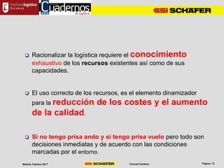 Conrad CardonaMadrid, Febrero 2017
 Racionalizar la logística requiere el conocimiento
exhaustivo de los recursos existentes así como de sus
capacidades.
 El uso correcto de los recursos, es el elemento dinamizador
para la reducción de los costes y el aumento
de la calidad.
 Si no tengo prisa ando y si tengo prisa vuelo pero todo son
decisiones inmediatas y de acuerdo con las condiciones
marcadas por el entorno.
 