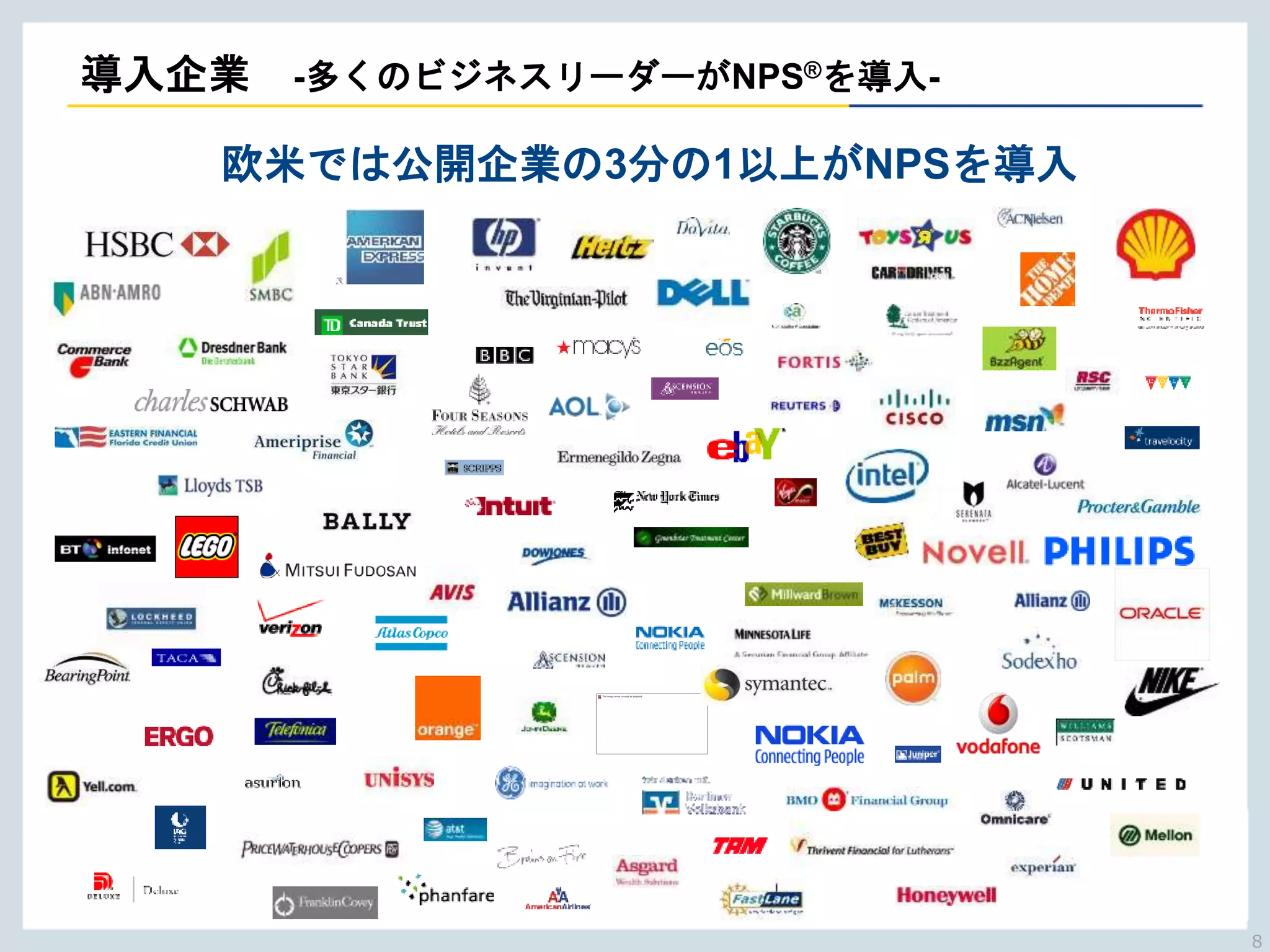Copyright © NTTCom Online Marketing Solutions Corporation. All right reserved.
導入企業 -多くのビジネスリーダーがNPS®を導入-
欧米では公開企業の3分の1以上がNPSを導入
8
 