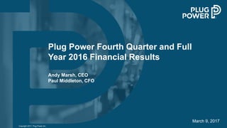 Copyright 2017, Plug Power Inc.
March 9, 2017
Plug Power Fourth Quarter and Full
Year 2016 Financial Results
Andy Marsh, CEO
Paul Middleton, CFO
 