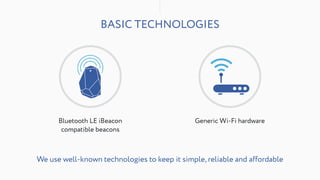 BASIC TECHNOLOGIES
We use well-known technologies to keep it simple, reliable and affordable
Bluetooth LE iBeacon
compatible beacons
Generic Wi-Fi hardware
 