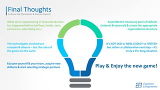 Final ThoughtsEmbrace the (R)evolution & Play the Game!!!
What we’re experiencing in Financial Services
has happened before (airlines, hotels, taxis,
commerce, advertising etc.)
The technologies involved are
complex & diverse – but the rules of
the game are the same
Educate yourself & your team, acquire new
skillsets & start selecting strategic partners
Assemble the necessary pool of skillsets
(internal & external) & create the appropriate
organizational structure
It’s NOT OLD vs NEW, LEGACY vs FINTECH
but rather a collaborative next step – it’s
truly a Yin-Yang situation
Play & Enjoy the new game!
 