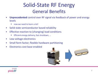  Unprecedented control over RF signal via feedback of power and energy
levels
 now we need to learn a lot!
 Solid state semiconductor based reliability
 Effective reaction to (changing) load conditions
 Efficient energy delivery, fast shutdown, …
 Low-voltage electronics
 Small form factor; flexible hardware partitioning
 Electronics cost base enabled
Solid-State RF Energy
General Benefits
7
 