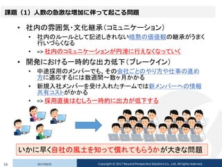 課題（1）人数の急激な増加に伴って起こる問題
• 社内の雰囲気・文化継承（コミュニケーション）
• 社内のルールとして記述しきれない暗黙の価値観の継承がうまく
行いづらくなる
• => 社内のコミュニケーションが円滑に行えなくなっていく
• 開発における一時的な出力低下（ブレークイン）
• 中途採用のメンバーでも、その会社ごとのやり方や仕事の進め
方に適応するには数週間〜数ヶ月かかる
• 新規入社メンバーを受け入れたチームでは新メンバーへの情報
共有コストがかかる
• => 採用直後はむしろ一時的に出力が低下する
2017/02/2311 Copyright © 2017 Beyond Perspective Solutions Co., Ltd. All rights reserved.
いかに早く自社の風土を知って慣れてもらうかが大きな問題
 