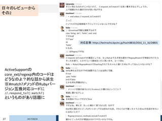 2017/02/2327 Copyright © 2017 Beyond Perspective Solutions Co., Ltd. All rights reserved.
日々のレビューから
その2
ActiveSupportの
core_ext/regexp内のコードは
どうなのよ？的な話から派生
※#match?メソッドのRubyバー
ジョン互換対応コードに
//.respond_to?(:match?)
というものがあり話題に
対応記事: https://techracho.bpsinc.jp/hachi8833/2016_11_16/28801
 