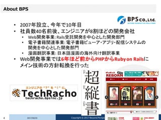 About BPS
• 2007年設立、今年で10年目
• 社員数40名前後、エンジニアが8割ほどの開発会社
• Web開発事業: Rails受託開発を中心とした開発部門
• 電子書籍関連事業: 電子書籍ビューア・アプリ・配信システムの
開発を中心とした開発部門
• 漫画翻訳事業: 日本語漫画の海外向け翻訳事業
• Web開発事業では6年ほど前からPHPからRubyon Railsに
メイン技術の方針転換を行った
2017/02/234 Copyright © 2017 Beyond Perspective Solutions Co., Ltd. All rights reserved.
 
