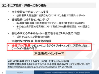 エンジニア教育・評価への取り組み
• 自主学習のためのリソース支援
• 技術書購入他勉強に必要なものについて、会社での購入サポート
• 資格取得に対するインセンティブ
• IPA高度情報処理技術者試験に対する一時金（最大合計100万円）
• その他上長が認める資格について助成（Ruby技術者認定、AWS認定な
ど）
• 会社の求めるスキルセット一覧の明示化（スキル表の作成）
• 採用やエンジニア評価での活用
• 定期的な社内発表・勉強会の開催
• 技術ブログ執筆・レビューによるアウトプット・エンジニア間のコミュニ
ケーション機会の増加
2017/02/236 Copyright © 2017 Beyond Perspective Solutions Co., Ltd. All rights reserved.
この辺りの葛藤やトライ＆エラーについてはTechRacho記事
「開発会社におけるエンジニアスキル向上施策の過去と今」にて公開しています
https://techracho.bpsinc.jp/morimorihoge/2016_07_25/24383
本発表のメインテーマ
 