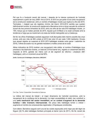 45
Pel que fa a l’evolució recent del mercat, i després de la intensa contracció de l’activitat
especialment a partir de l’any 2008 i fins el 2014, el 2015 es pot parlar d’una certa recuperació
de la construcció residencial, amb un nombre d’habitatges iniciats que duplica la xifra del 2014.
Tanmateix, i malgrat que els registres mínims del trienni 2012-2014 sembla que queden
definitivament enrere, la construcció residencial a Barcelona torna a donar senyals de contenció
durant els tres primers trimestres de 2016, amb una xifra de tan sols 975 habitatges iniciats, un
19% menys que el mateix període de 2015. Aquest punt d’inflexió a la ciutat contrasta amb la
tendència a l’alça que es manté tant a la resta de l’àmbit metropolità com a Catalunya.
De fet, les xifres d’habitatges acabats segueixen molt allunyades dels màxims assolits deu anys
enrere, amb poc més de 800 unitats el 2015 (tan sols 0,5 per cada 1.000 habitants). Encara
que aquest registre es superarà el 2016 (973 habitatges acabats entre gener i setembre de
2016), l’oferta de sostre nou és gairebé inexistent a moltes zones de la ciutat.
Altres indicadors de 2016 mostren una recuperació més sòlida: el nombre d’habitatges nous
previstos a les llicències d’obres, un total de 2.016 el darrer any, registra un creixement del 65%
respecte al 2015, gairebé tan intens com el del segment de reforma i ampliació (961
habitatges), amb un increment anual del 60%.
Gràfic: Construcció d’habitatges a Barcelona, 2002-2015
Font: Dep. Territori i Sostenibilitat. Generalitat de Catalunya
La millora del mercat de treball i el major dinamisme de l’activitat econòmica, amb la
recuperació de la confiança de la demanda i la major accessibilitat al crèdit, han contribuït a
una certa reactivació del sector immobiliari, en un context d’augment de la demanda
turística i dels inversors internacionals. Els preus dels habitatges tornen a créixer i
augmenta el nombre de compravendes registrades i d’hipoteques constituïdes.
Com dèiem, Barcelona segueix sent una de les ciutats espanyoles amb major pes del règim de
lloguer (30,1% dels habitatges familiars principals al darrer cens de 2011). De fet, durant els
4886
5415
5090
5841 5803
4704
2729
1309
1913
1073
493
697 752
1408
4910
4011
4641
3591 3675
3396
4404
3154
1672 1839
1077
666 555
836
0
1.500
3.000
4.500
6.000
7.500
2002 2003 2004 2005 2006 2007 2008 2009 2010 2011 2012 2013 2014 2015
Habitatges iniciats Habitatges acabats
 