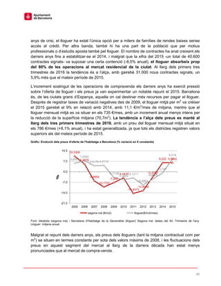 46
anys de crisi, el lloguer ha estat l’única opció per a milers de famílies de rendes baixes sense
accés al crèdit. Per altra banda, també hi ha una part de la població que per motius
professionals o d’estudis aposta també pel lloguer. El nombre de contractes ha anat creixent els
darrers anys fins a estabilitzar-se el 2014, i malgrat que la xifra del 2015 -un total de 40.600
contractes signats- va suposar una certa contenció (-8,5% anual), el lloguer absorbeix prop
del 80% de les operacions al mercat residencial de la ciutat. Al llarg dels primers tres
trimestres de 2016 la tendència és a l’alça, amb gairebé 31.000 nous contractes signats, un
5,9% més que el mateix període de 2015.
L’increment sostingut de les operacions de compravenda els darrers anys ha exercit pressió
sobre l’oferta de lloguer i els preus ja van experimentar un notable repunt el 2015. Barcelona
és, de les ciutats grans d’Espanya, aquella on cal destinar més recursos per pagar el lloguer.
Després de registrar taxes de variació negatives des de 2009, el lloguer mitjà per m2
va créixer
el 2015 gairebé el 9% en relació amb 2014, amb 11,1 €/m2
/mes de mitjana, mentre que el
lloguer mensual mitjà es va situar en els 735 €/mes, amb un increment anual menys intens per
la reducció de la superfície mitjana (70,7m2
). La tendència a l’alça dels preus es manté al
llarg dels tres primers trimestres de 2016, amb un preu del lloguer mensual mitjà situat en
els 786 €/mes (+8,1% anual), i ha estat generalitzada, ja que tots els districtes registren valors
superiors als del mateix període de 2015.
Gràfic: Evolució dels preus d'oferta de l'habitatge a Barcelona (% variació en € constants)
Font: Idealista (segona mà) i Secretaria d'Habitatge de la Generalitat (lloguer) Segona mà: dades del 4rt. Trimestre de l'any.
Lloguer: mitjana anual.
Malgrat el repunt dels darrers anys, els preus dels lloguers (tant la mitjana contractual com per
m2
) se situen en termes constants per sota dels valors màxims de 2008, i les fluctuacions dels
preus en aquest segment del mercat al llarg de la darrera dècada han estat menys
pronunciades que al mercat de compra-venda.
10,3306
5,2076
-5,9959
-10,1722
-7,269
-4,0435
-14,4473
-12,6046
-3,3792
6,022 5,99625,6943
7,4092
4,0178 4,2112
-3,7108
-5,2682
-4,1211
-8,6962
-4,8605
-0,767
8,518
-21,0
-14,0
-7,0
0,0
7,0
14,0
2005 2006 2007 2008 2009 2010 2011 2012 2013 2014 2015
%
segona mà (€/m2) lloguer(€/m2/mes)
 