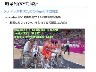時系列(XYT)解析
•  メディア解析のための時系列特徴抽出
–  YouTubeなど動画共有サイトの動画像を解析
–  1動画に対して1ラベルを付与する問題設定が主流
 