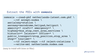 @MargrietGr
Extract the POIs with osmosis
osmosis --read-pbf netherlands-latest.osm.pbf 
--tf accept-nodes 
aerialway=station 
aeroway=aerodrome,helipad,heliport 
amenity=* craft=* emergency=* 
highway=bus_stop,rest_area,services 
historic=* leisure=* office=* 
public_transport=stop_position,stop_area 
shop=* tourism=* 
--tf reject-ways --tf reject-relations 
--write-xml netherlands.nodes.osm
(easy to install with brew on Mac)
 