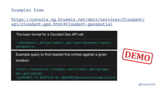 @MargrietGr
Examples from
https://console.ng.bluemix.net/docs/services/Cloudant/
api/cloudant-geo.html#cloudant-geospatial
 