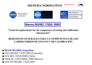 SISTEMA NORMATIVO
Norma ISO/IEC 17025: 2005
“General requirements for the competence of testing and calibration
laboratories”
REQUISITOS GENERALES PARA LA COMPETENCIA DE LOS
LABORATORIOS DE ENSAYO Y DE CALIBRACIÓN
◾ IRAM 301:2005 (Argentina)
◾ NTC-ISO/IEC 17025:2005 (Colombia)
◾ NCh-ISO 17025Of2005 (Chile)
◾ NMX-EC-17025-IMNC:2006 (México)
◾ UNE-EN ISO/IEC 17025:2005
 