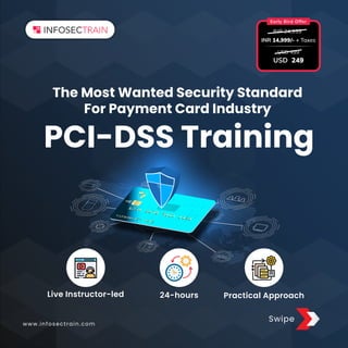 PCI-DSS Training
Swipe
The Most Wanted Security Standard
For Payment Card Industry
www.infosectrain.com
Live Instructor-led 24-hours Practical Approach
INR 14,999/- + Taxes
USD 249
Early Bird Offer
INR 24,999
USD 499
 
