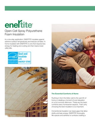 In a one-step application, ENERTITE insulates against
extreme outdoor temperatures and reduces air leaks. A
home insulated with ENERTITE is one that requires less
energy for heating and cooling and that means lower
utility bills.
The Essential Comforts of Home
Rushing in from the bitter cold to the warmth of
home or stealing a moment of cool relaxation
on a hot summer afternoon. These are the basic
comforts every homeowner expects. That’s why
choosing the best insulation is so important.
Conventional insulation can leave gaps that allow
drafts and leak energy. ENERTITE thoroughly
fills spaces and adheres to surfaces creating a
 