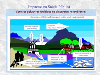Impactos na Saúde Pública
Como os poluentes emitidos se dispersam no ambiente:Como os poluentes emitidos se dispersam no ambiente:
 