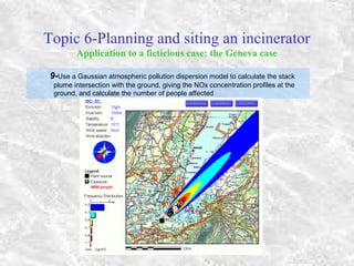 Topic 6-Planning and siting an incinerator
Application to a ficticious case: the Geneva case
9-Use a Gaussian atmospheric pollution dispersion model to calculate the stack
plume intersection with the ground, giving the NOx concentration profiles at the
ground, and calculate the number of people affected
 