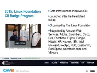 352017, Cedric Thomas
2015: Linux Foundation
CII Badge Program
Core Infrastructure Initiative (CII)
Launched after the Hea...