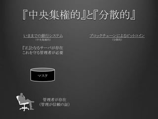 『中央集権的』と『分散的』
いままでの銀行システム ブロックチェーンによるビットコイン
マスタ
『正』となるサーバが存在
これを守る管理者が必要
管理者が存在
（管理が信頼の証）
（中央集権的） （分散的）
 