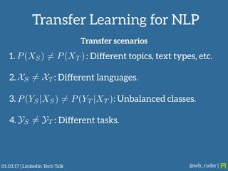 Transfer Learning for NLP
@seb_ruder |
Transfer scenarios
1. : Different topics, text types, etc. 
2. : Different languages. 
3. : Unbalanced classes. 
4. : Different tasks.
P(XS) 6= P(XT )
XS 6= XT
P(YS|XS) 6= P(YT |XT )
YS 6= YT
01.03.17 | LinkedIn Tech Talk
 