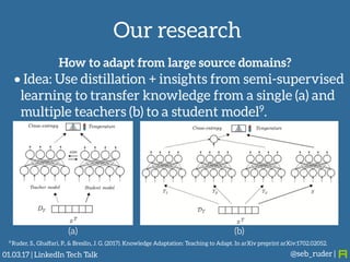 Our research
@seb_ruder |
• Idea: Use distillation + insights from semi-supervised
learning to transfer knowledge from a single (a) and
multiple teachers (b) to a student model9.
(a) (b)
9 Ruder, S., Ghaffari, P., & Breslin, J. G. (2017). Knowledge Adaptation: Teaching to Adapt. In arXiv preprint arXiv:1702.02052.
How to adapt from large source domains?
01.03.17 | LinkedIn Tech Talk
 