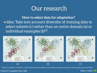 Our research
@seb_ruder |
• Idea: Take into account diversity of training data to
select subsets (c) rather than an entire domain (a) or
individual examples (b)10.
10 Ruder, S., Ghaffari, P., & Breslin, J. G. (2017). Data Selection Strategies for Multi-Domain Sentiment Analysis. In arXiv preprint arXiv:1702.02426.
How to select data for adaptation?
(a) (b) (c)
01.03.17 | LinkedIn Tech Talk
 