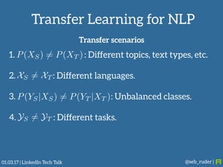 Transfer Learning for NLP
@seb_ruder |
Transfer scenarios
1. : Different topics, text types, etc. 
2. : Different language...