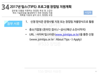 99
533 캠퍼스
#533 비즈니스 모델
#533 사업계획서
#533 창업론
533 캠퍼스 이승원
첨부 서류
1. 신청 양식은 운영사별 지정 또는 창업팀 자율양식으로 활용
• 중소기업청 (온라인 접수)/~상시(예산 소진시까지)
• URL : 사이버 팁스타운(www.jointips.or.kr)을 통한 신청
(www.jointips.or.kr : About Tips -> Apply)
첨부 서류
342017년 팁스(TIPS) 프로그램 창업팀 지원계획
글로벌 진출을 지향하는 창업팀 육성 및 고급인
력의 기술창업을 활성화하기 위한 창업팀 지원
계획을 다음과 같이 공고, 창업팀 모집
사업화
 