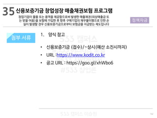 102
533 캠퍼스
#533 비즈니스 모델
#533 사업계획서
#533 창업론
533 캠퍼스 이승원
첨부 서류
1. 양식 참고
• 신용보증기금 (접수)/~상시(예산 소진시까지)
• URL :https://www.kodit.co.kr
• 공고 URL : https://goo.gl/xhWbo6
첨부 서류
35신용보증기금 창업성장 매출채권보험 프로그램
창업기업이 물품 또는 용역을 제공함으로써 발생한 매출채권(외상매출금 또
는 받을 어음)을 보험에 가입한 후 향후 구매기업의 채무불이행으로 인한 손
실이 발생할 경우 신용보증기금으로부터 보험금을 지급받는 제도입니다
정책자금
 