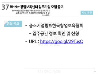 106
533 캠퍼스
#533 비즈니스 모델
#533 사업계획서
#533 창업론
533 캠퍼스 이승원
통합 공고
• 중소기업청&한국창업보육협회
- 입주공간 정보 확인 및 신청
• URL : https://goo.gl/29TusQ
BI-Net창업보육센터입주기업모집공고
BI-Net은 창업보육센터네트워크시스템으로 국내
입주공간에 대한 정보를 한 눈에 확인할 수 있
는 사이트
시설·공간
37
 