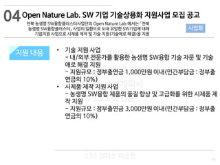 13
533 캠퍼스
#533 비즈니스 모델
#533 사업계획서
#533 창업론
533 캠퍼스 이승원
지원 규모지원 내용 • 기술 지원 사업
- 내/외부 전문가를 활용한 농생명 SW융합 기술 자문 및 기술
애로 해결 지원
- 지원규모 : 정부출연금 1,000만원 이내(민간부담금 : 정부출
연금의 10%)
• 시제품 제작 지원 사업
- 농생명 SW융합 제품의 품질 향상 및 고급화를 위한 시제품 제
작 지원
- 지원규모 : 정부출연금 3,000만원 이내(민간부담금 : 정부출
연금의 10%)
04
사업화
Open Nature Lab. SW 기업 기술상용화 지원사업 모집 공고
전북 농생명 SW융합클러스터사업단의 Open Nature Lab.에서는 「전북
농생명 SW융합클러스터」 사업의 일환으로 도내 유망한 SW기업에 대해
기업지원 사업으로 시제품 제작 및 기술 지원(기술애로 해결)을 지원
 