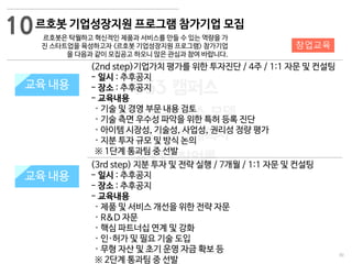 30
533 캠퍼스
#533 비즈니스 모델
#533 사업계획서
#533 창업론
533 캠퍼스 이승원
르호봇 기업성장지원 프로그램 참가기업 모집
르호봇은 탁월하고 혁신적인 제품과 서비스를 만들 수 있는 역량을 가
진 스타트업을 육성하고자 <르호봇 기업성장지원 프로그램> 참가기업
을 다음과 같이 모집공고 하오니 많은 관심과 참여 바랍니다.
지원 규모교육 내용
(2nd step)기업가치 평가를 위한 투자진단 / 4주 / 1:1 자문 및 컨설팅
- 일시 : 추후공지
- 장소 : 추후공지
- 교육내용
· 기술 및 경영 부문 내용 검토
· 기술 측면 우수성 파악을 위한 특허 등록 진단
· 아이템 시장성, 기술성, 사업성, 권리성 정량 평가
· 지분 투자 규모 및 방식 논의
※ 1단계 통과팀 중 선발
10
(3rd step) 지분 투자 및 전략 실행 / 7개월 / 1:1 자문 및 컨설팅
- 일시 : 추후공지
- 장소 : 추후공지
- 교육내용
· 제품 및 서비스 개선을 위한 전략 자문
· R&D 자문
· 핵심 파트너십 연계 및 강화
· 인·허가 및 필요 기술 도입
· 무형 자산 및 초기 운영 자금 확보 등
※ 2단계 통과팀 중 선발
교육 내용
창업교육
 