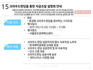 43
533 캠퍼스
#533 비즈니스 모델
#533 사업계획서
#533 창업론
533 캠퍼스 이승원
크라우드펀딩을 통한 자금조달 설명회 안내
서울창조경제혁신센터에서는 한국예탁결제원과 함께 증권현 크라우드펀딩을 준비하는
스타트업이 실제 펀딩을 준비할 때 필요한 자료작성 노하우 및 성공사례 공유를 통해
크라우드펀딩 성공률을 높이기 위해 「크라우드펀딩을 통한 자금조달 설명회」를 개최
지원 규모
지원 내용
• 크라우드 펀딩 성공까지의 필수 자료작성 노하우
- 한국예탁결제원 김재웅 팀장
• 크라우드 펀딩 성공전략 및 IR 자료작성
- 인크 고훈 대표
• 크라우드펀딩 성공사례 공유
- 테이스터스 서경원 대표
지원 규모
행사 내용
• 대상
- 증권형 크라우드펀딩을 준비하는 스타트업
• 행사일시
- 2017.03.15 (수) 15:00 ~ 17:00
• 행사장소
- 서울창조경제혁신센터
15
행사·네트워크
 