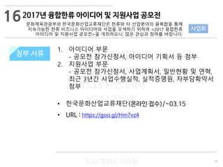 46
533 캠퍼스
#533 비즈니스 모델
#533 사업계획서
#533 창업론
533 캠퍼스 이승원
첨부 서류
1. 아이디어 부문
- 공모전 참가신청서, 아이디어 기획서 등 첨부
2. 지원사업 부문
- 공모전 참가신청서, 사업계획서, 일반현황 및 연혁,
최근 3년간 사업수행실적, 실적증명원, 자부담확약서
첨부
• 한국문화산업교류재단(온라인 접수)/~03.15
• URL : https://goo.gl/Hm7vz4
첨부 서류
16
사업화
2017년 융합한류 아이디어 및 지원사업 공모전
문화체육관광부와 한국문화산업교류재단은 한류와 타 산업분야의 융복합을 통해
지속가능한 한류 비즈니스 아이디어와 사업을 모색하기 위하여 <2017 융합한류
아이디어 및 지원사업 공모전>을 개최하오니, 많은 관심과 참여를 바랍니다.
 