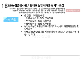 51
533 캠퍼스
#533 비즈니스 모델
#533 사업계획서
#533 창업론
533 캠퍼스 이승원
NH농협은행-KISA 핀테크 농업 해커톤 참가자 모집
"NH-KISA 농업 핀테크 해커톤"을 개최합니다. 총 상금 1400만원과 함께, 농협 창조농업
지원센터, NH핀테크 혁신센터 사업화컨설팅 창업지원 뿐 아니라 핀테크 보안인증기
술 지원센터 입주 및 KISA 핀테크 기업 지원사업 우대 등 다양한 수상특전
지원 규모수상 특전
• 총 상금 14백만원(8팀)
- 최우수상(2팀) 팀당 300만원
- 우수상(2팀) 팀당 200만원
- 장려상(4팀) 팀당 100만원
• 농협창조농업지원센터,NH핀테크 혁신센터 사업화컨설팅 및
창업지원
• 핀테크 보안·인증기술 지원센터 입주 및 KISA 핀테크 기업 지
원사업 우대
18
행사·네트워크
 