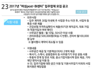 67
533 캠퍼스
#533 비즈니스 모델
#533 사업계획서
#533 창업론
533 캠퍼스 이승원
지원 규모지원 내용
• 의무사항
- 입주 계약후 30일 이내에 주 사업장 주소 이전 후, 사업자 등
록증 사본 제출
- 건강보험 자격득실확인서 제출(타기관 재직금지, 대표 가입
자 직장가입자 여부 확인)
- 사무공간 활용 : 월 10일, 50시간 이상 사용
- 관리보증금 500,000원(퇴실 시 반환), 관리비 월100,000
원 납부
※ 불이행시 계약이 취소될 수 있음
• 지원내용
- 사무공간 제공 및 기본책상(의자) 2개씩 제공
- 복사기, 스캐너, 공용컴퓨터 등 사무용기기 무상 공동 사용
- 투융자 연계 및 판로 지원, 중소기업지원시책 정보 제공, 기타
재단 편의시설 이용 등
※ 단, 입주기업에 대한 공간 지원 및 기본사무집기 이외의 사업
화지원은 해당없음
23
시설·공간
2017년 “여성post-BI센터” 입주업체 모집 공고
경기도일자리재단 여성능력개발본부가 2017년 개소하는 “여성post-
BI센터” 에서는 여성기업의 지속성장 발전을 위해 기술혁신성과
사업성이 우수한 입주자를 아래와 같이 모집합니다.
 