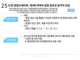 71
533 캠퍼스
#533 비즈니스 모델
#533 사업계획서
#533 창업론
533 캠퍼스 이승원
도전!창업수레바퀴, 제4회 아바타 창업 공모전 참가자 모집
한국전자통신연구원(ETRI)의 기술을 활용하여 창업을 희망하는 기업가를 선발
하여, 예비창업과정을 지원하는 ‘제4회 아바타창업’ 공모를 다음과 같이 공고하
오니 참여를 희망하는 창업팀은 안내에 따라 신청하시기 바랍니다.
지원 규모지원 규모
• 대상
- 창업 대상 기술 활용이 가능한 전문학사 및 동등이상의 경력
보유자
- 본업이 있는 경우, 채용 이전까지 퇴직
• 기간
- 최대 7개월(’17. 4. ~ ’17. 10. 31.)
25
사업화
지원 내용
• 2016년 연구원 창업지원 기본계획」에 의거 예비창업 지원
- 5천만 원 이내 지원
※ 예비창업자의 아이템에 따라 차등 지원
지원 내용
 