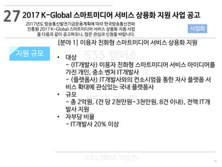 75
533 캠퍼스
#533 비즈니스 모델
#533 사업계획서
#533 창업론
533 캠퍼스 이승원
2017 K-Global 스마트미디어 서비스 상용화 지원 사업 공고
2017년도 방송통신발전기금운용계획에 따라 한국방송통신전파
진흥원 2017 K-Global 스마트미디어 서비스 상용화 지원 사업
을 다음과 같이 공고하오니, 많은 관심과 신청을 바랍니다.
지원 규모지원 규모
[분야 1] 이용자 친화형 스마트미디어 서비스 상용화 지원
• 대상
- (IT개발사) 이용자 친화형 스마트미디어 서비스 아이디어를
가진 개인, 중소 벤처 IT개발사
- (플랫폼사) IT개발사와의 컨소시엄을 통한 자사 플랫폼 서
비스 확대에 관심있는 국내 플랫폼사
• 규모
- 총 2억원, (건 당 2천만원~3천만원, 8건 이내), 전액 IT개
발사 지원
• 자부담 비율
- IT개발사 20% 이상
27
사업화
 