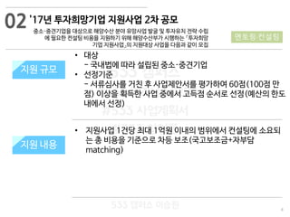 8
533 캠퍼스
#533 비즈니스 모델
#533 사업계획서
#533 창업론
533 캠퍼스 이승원
'17년 투자희망기업 지원사업 2차 공모
중소·중견기업을 대상으로 해양수산 분야 유망사업 발굴 및 투자유치 전략 수립
에 필요한 컨설팅 비용을 지원하기 위해 해양수산부가 시행하는 「투자희망
기업 지원사업」의 지원대상 사업을 다음과 같이 모집
지원 규모
지원 내용
• 지원사업 1건당 최대 1억원 이내의 범위에서 컨설팅에 소요되
는 총 비용을 기준으로 차등 보조(국고보조금+자부담
matching)
지원 규모
지원 내용
• 대상
- 국내법에 따라 설립된 중소·중견기업
• 선정기준
- 서류심사를 거친 후 사업제안서를 평가하여 60점(100점 만
점) 이상을 획득한 사업 중에서 고득점 순서로 선정(예산의 한도
내에서 선정)
02
멘토링·컨설팅
 