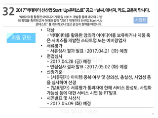 91
533 캠퍼스
#533 비즈니스 모델
#533 사업계획서
#533 창업론
533 캠퍼스 이승원
2017“빅데이터신산업Start-Up콘테스트”공고-날씨,에너지,카드,교통이만나다.
빅데이터를 활용한 아이디어 기획 및 서비스 개발을 통해 데이터 기반
의 창업을 촉진하고자 아래와 같이 “2017 빅데이터 신산업 Start-Up
콘테스트” 를 개최하오니 많은 관심과 참여를 바랍니다.
지원 규모지원 규모
• 대상
- 빅데이터를 활용한 창의적 아이디어를 보유하거나 제품 혹
은 서비스를 개발한 스타트업 또는 예비창업자
• 서류평가
- 서류심사 결과 발표 : 2017.04.21 (금) 예정
• 면접심사
- 2017.04.28 (금) 예정
- 면점심사 결과 발표 : 2017.05.02 (화) 예정
• 선정기준
- (서류평가) 아이템 중복 여부 및 창의성, 충실성, 사업성 등
을 심사하여 선정
- (발표평가) 서류평가 통과자에 한해 서비스 완성도, 사업화
가능성 등에 대한 서비스 시연 등 PT발표
• 시연발표 및 시상식
- 2017.05.09 (화) 예정
32
사업화
 