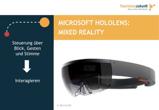 MICROSOFT HOLOLENS:
MIXED REALITY
© Microsoft
Steuerung über
Blick, Gesten
und Stimme
Interagieren
 